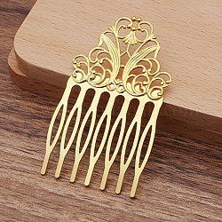 Iron Hair Combs Findings, with Brass Flower, Golden, 65x38x2mm