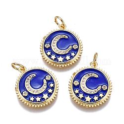 Brass Micro Pave Cubic Zirconia Pendants, with Enamel, Flat Round with Moon and Star, Golden, Blue, 18x16.5x2mm, Hole: 3.5mm