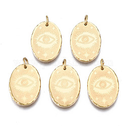 316 Surgical Stainless Steel Pendants, with Jump Rings, Oval with Eye, Real 14K Gold Plated, 18x13x2mm, Hole: 3mm, Jump Ring: 5x1mm, 3mm inner diameter