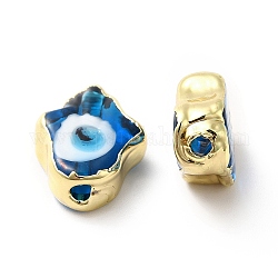 Main mal de perles au chalumeau des yeux, avec bord en laiton plaqué or, Plaqué longue durée, Hamsa main, bleu royal, 15~17x11.5~12.5x5~5.5mm, Trou: 1.8mm