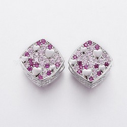 Perles européennes en laiton avec zircone cubique de micro pave, Perles avec un grand trou   , losange avec le coeur, support violet rouge, platine, 9x9x6.5mm, Trou: 4.5mm