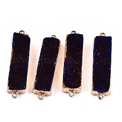 Connecteurs de liens d'agate druzy naturelle, avec les accessoires en laiton d'or lumière, de couleur plaquée ab , teinte, cuboïde, indigo, 43~46x10~12x9~12mm, Trou: 1.8mm