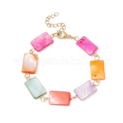 Natural Shell Rectangle Link Chain Bracelet, 304 Stainless Steel Jewelry for Women, Golden, Colorful, 6-3/4 inch(17.3cm)