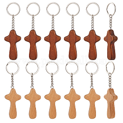 Nbeads 12Pcs 2 Colors Natural Wood Pendant Keychain, with Iron Key Ring, for Handbag Backpack Car Key Decoration, Religion, Mixed Color, 11.9cm, 6pcs/color