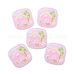 Cabujones acrílicos impresos, cuadrado con patrón de casa, rosa perla, 34.5x33.5x2.2mm