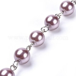 Chaînes de perles de verre teinté à la main, non soudée, avec épingle à oeil en fer, platine, brun rosé, 39.37 pouce, 1 m / chapelet