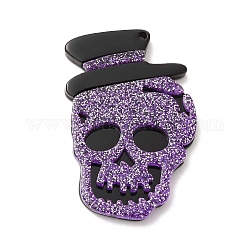 Pendentifs acryliques d'halloween, avec des paillettes, tête de mort avec breloque chapeau, violet, 45x30x4mm, Trou: 2mm