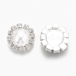 Cabujones de espalda plana de latón, Con rhinestone y abs imitación de perlas de plástico., oval, color plateado, cristal, blanco, 16x14.5x4mm