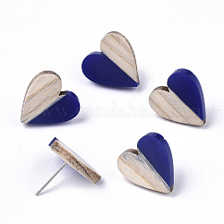 Pendientes de resina y madera, con 304 perno de acero inoxidable, corazón, azul oscuro, 15x14~15mm, pin: 0.7 mm