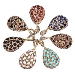 Polymer Clay Rhinestone Pendants, with Gemstone Chip/Natural Shell Chip and PU Leather, Teardrop, Golden, 41~42x28~29x6~7mm, PP12(1.8~1.9mm), Hole: 9x5mm