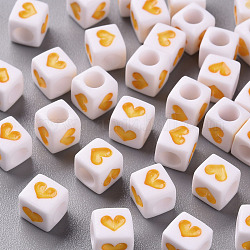 White Opaque Acrylic Beads, Cube with Heart, Yellow, 6.5x6x6mm, Hole: 3mm