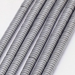 Electroplate Non-magnetic Synthetic Hematite Beads Strands, Frosted, Heishi Beads, Flat Round/Disc, Grade A, Platinum Plated, 4x1mm, Hole: 1mm, about 400pcs/strand, 16 inch