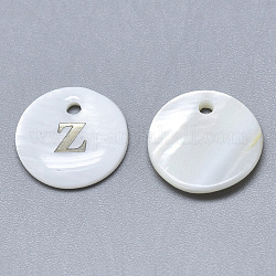 Breloque de coquille de nacre blanche naturelle, avec autocollant de fer, plat rond avec la lettre, letter.z, 13x2mm, Trou: 1.5mm