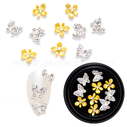 Cabochons en alliage avec strass, accessoires nail art de décoration, fleur et papillon, platine et d'or, 7x7.5x2 & mm 8x7x2 mm, 10 pcs / boîte