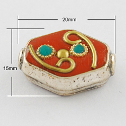 Handmade Indonesia Beads, with Alloy Cores, Hexagon, Antique Silver, Red, 20x15x8mm, Hole: 1.5mm