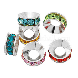Brass Rhinestone Spacer Beads, Grade A, Rondelle, Silver Color Plated, Mixed Color, 9x4mm