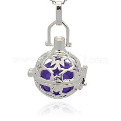 Silver Color Plated Brass Hollow Round Cage Pendants, with No Hole Spray Painted Brass Round Ball Beads, Medium Purple, 36x25x21mm, Hole: 3x8mm