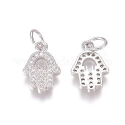 Brass Micro Pave Clear Cubic Zirconia Charms, with Jump Rings, Hamsa Hand/Hand of Fatima /Hand of Miriam, Platinum, 13x9x2mm, Jump Ring: 5x0.7mm, Inner Diameter: 3.6mm