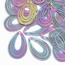 Ion Plating(IP) 304 Stainless Steel Filigree Pendants, Etched Metal Embellishments, Teardrop, Rainbow Color, 40.5x27x0.3mm, Hole: 1.2mm