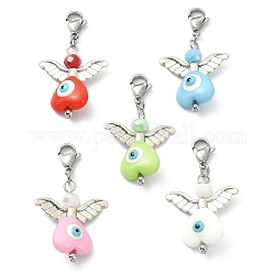 Angel Evil Eye Resin Pendant Decorations, with Electroplate Glass Beads and 304 Stainless Steel Lobster Claw Clasps, Mixed Color, 41mm, 5pcs/set