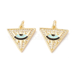 Brass Micro Pave Cubic Zirconia Pendants, with Jump Rings and Enamel, Cadmium Free & Lead Free, Real 18K Gold Plated, Long-Lasting Plated, Triangle with Eye, Pale Turquoise, 17x17x2mm, Hole: 3mm