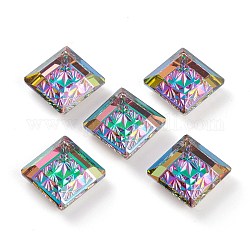 Embossed Glass Rhinestone Pendants, Abnormity Embossed Style, Rhombus, Faceted, Volcano, 19x19x5mm, Hole: 1.2mm, Diagonal Length: 19mm, Side Length: 14mm