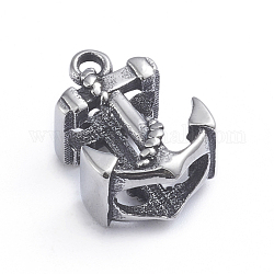 Retro 304 Edelstahl Slide Charms / Slider Perlen, für die Herstellung von Lederbändern, Anker, Antik Silber Farbe, 15x12x8 mm, Bohrung: 4x8.5 mm