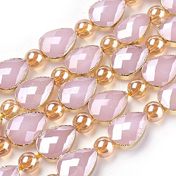 Opaque Glass Beads Strands, with Golden Tone Brass Findings, Pearl Luster Plated, Faceted, teardrop, Plum, 14x10x7mm, Hole: 1.2mm, about 10pcs/strand, 7.59 inch (19.3cm)