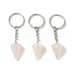 Porte-clés pendentif cône de quartz rose naturel, avec les accessoires en laiton de tonalité de platine, pour sac bijoux cadeau décoration, 8 cm