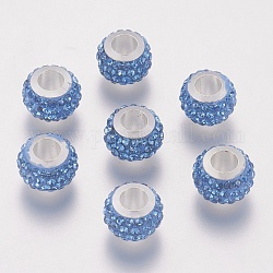 Perles européennes en 304 acier inoxydable, avec strass en pâte polymère, Perles avec un grand trou   , rondelle, saphir clair, 11x7.5mm, Trou: 5mm