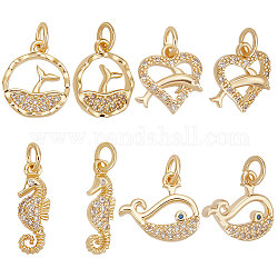 Beebeecraft 16Pcs 4 Style Ocean Theme Brass Micro Pave Clear Cubic Zirconia Charms, with Jump Ring, Whale & Dolphin & Sea Horse Shape Charm, Real 18K Gold Plated, 11.5~16x5.5~13.5x1.8~2.8mm, Hole: 3~3.2mm, 4pcs/style