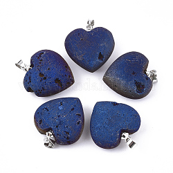 Pendenti in agata geoduzica naturale druzy galvanica, con accessori di ottone, cuore, platino, blu, 23~24x21.5~22x9.5~10mm, Foro: 4.5x4 mm