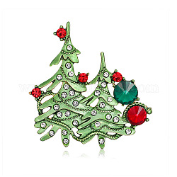ラインストーン付きクリスマスツリーエナメルピン  リュックサック用ライトゴールド合金ブローチ  グリーン  53x53mm