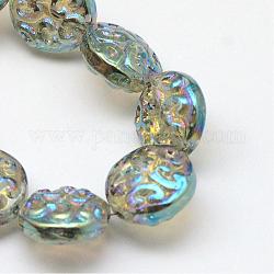 Electroplate Glass Beads Strands, Rainbow Plated, Flat Round, Marine Blue, 13.5x5mm, Hole: 1.5mm, about 47pcs/strand, 24 inch