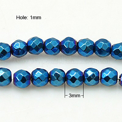 Chapelets de perles en hématite synthétique sans magnétiques, couleur plaquée, facette, ronde, bleu plaqué, 3mm, Trou: 1mm