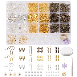 Kit de búsqueda de fabricación de joyas de diy, incluyendo ganchos para aretes de hierro y fianzas de clavija y extremos engarzados, broches de aleación, alfiler de latón y anillos y pendientes, Tuercas de plástico, hilo elástico, aguja, pinzas, color mezclado, 17~19mm, agujero: 2 mm