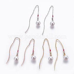 Pendientes con colgantes de 304 acero inoxidable, Con imitación de plástico perla y strass., hilo de oreja, color mezclado, 90~95mm, pin: 1 mm