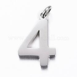 304 Stainless Steel Pendants, Number.4, Stainless Steel Color, 19x12x2mm, Hole: 3mm