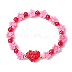 Handmade Flower Polymer Clay Stretch Bracelets, Crackle Glass Heart Beaded Bracelets for Women, Pearl Pink, Inner Diameter: 2-1/8 inch(5.3cm)