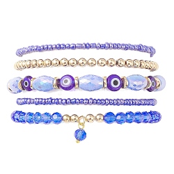 5 set di braccialetti elastici per occhi diabolici in vetro e lampwork in 5 stili, bracciale impilabile con charms rotondi, blu, diametro interno: 2-3/8 pollice (5.9 cm), 1pc / style