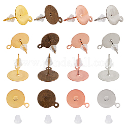 Brass Stud Earring Settings, with Iron Pin, Loop, Plastic Ear Nuts/Earring Backs, Antique Bronze & Golden & Platinum & Rose Gold , 74x73x25mm, 240pcs/box