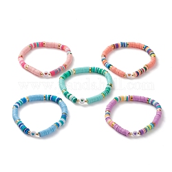 Polymer Ton Heishi Perlen Stretch Armbänder, mit Acryl c Herzperlen und Messingperlen, Mischfarbe, Innendurchmesser: 2-1/4 Zoll (5.7 cm)
