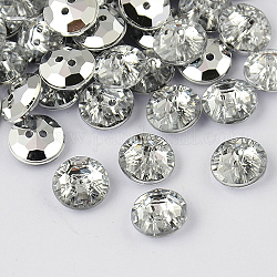 Botones redondos planos del diamante artificial de acrílico de Taiwán de 2-agujero, facetado y plateado plateado hacia atrás, blanco, 10x4mm, agujero: 1 mm