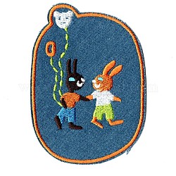 Conejito computarizado tela de bordado plancha / coser parches, accesorios de vestuario, ovalado con conejo y globos, acero azul, 11.7x8.3 cm