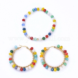 Kits de bijoux en perles en verre, bracelets extensibles et 304 grande créole en acier inoxydable, avec des perles en laiton, or, colorées, bracelet : 2-1/8 pouce (5.5 cm), boucle d'oreille: 48x51x6 mm, pin: 1x0.6 mm