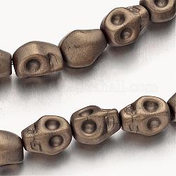 Electroplate Non-magnetic Synthetic Hematite Bead Strands, Frosted, Skull, Antique Bronze Plated, 10x8x8mm, Hole: 1mm, about 40pcs/strand, 15.7 inch