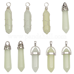 CHGCRAFT 9Pcs 9 Styles Synthetic Luminous Stone Double Terminal Pointed Pendants, Faceted Bullet Charm, Glow in Dark, Dyed, with Platinum Plated Zinc Alloy Findings, Mixed Color, 38~42x9~13x8.5~11mm, Hole: 3~5mm, 1pc/style
