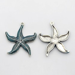 Gros pendentifs  en alliage d'émail en argent ancien, étoile de mer / étoiles de mer, bleu acier, 50x43x4.5mm, Trou: 3mm