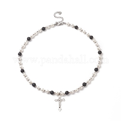 Collana con ciondolo croce crocifisso in lega, collana da donna con pietre laviche naturali e perle di conchiglia, bianco, 17.05 pollice (43.3 cm)