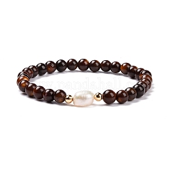 Bracelets de perles extensibles en coquille d'eau douce naturelle teinte ronde, avec perles naturelles et perles en laiton, or, brun coco, diamètre intérieur: 2-1/8 pouce (5.3 cm)